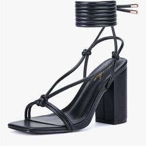 GENSHUO Square Toe Sandals Lace up Chunky High Heels Strappy Womens Size 11